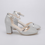 Edith Whitmore | Elegant Silver Glitter Block Heel Sandals with Ankle Strap