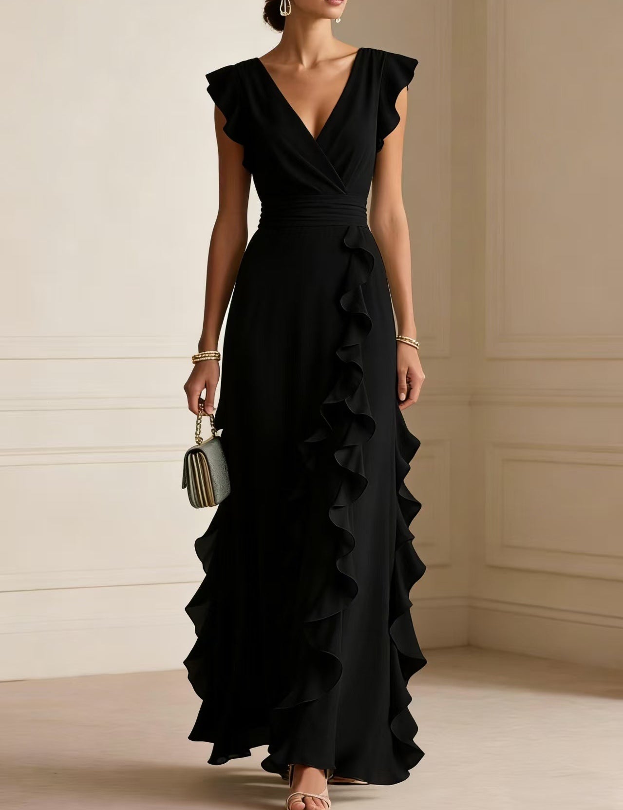 Rosie Griffiths | Sage Ruffle Maxi Dress with V-Neckline