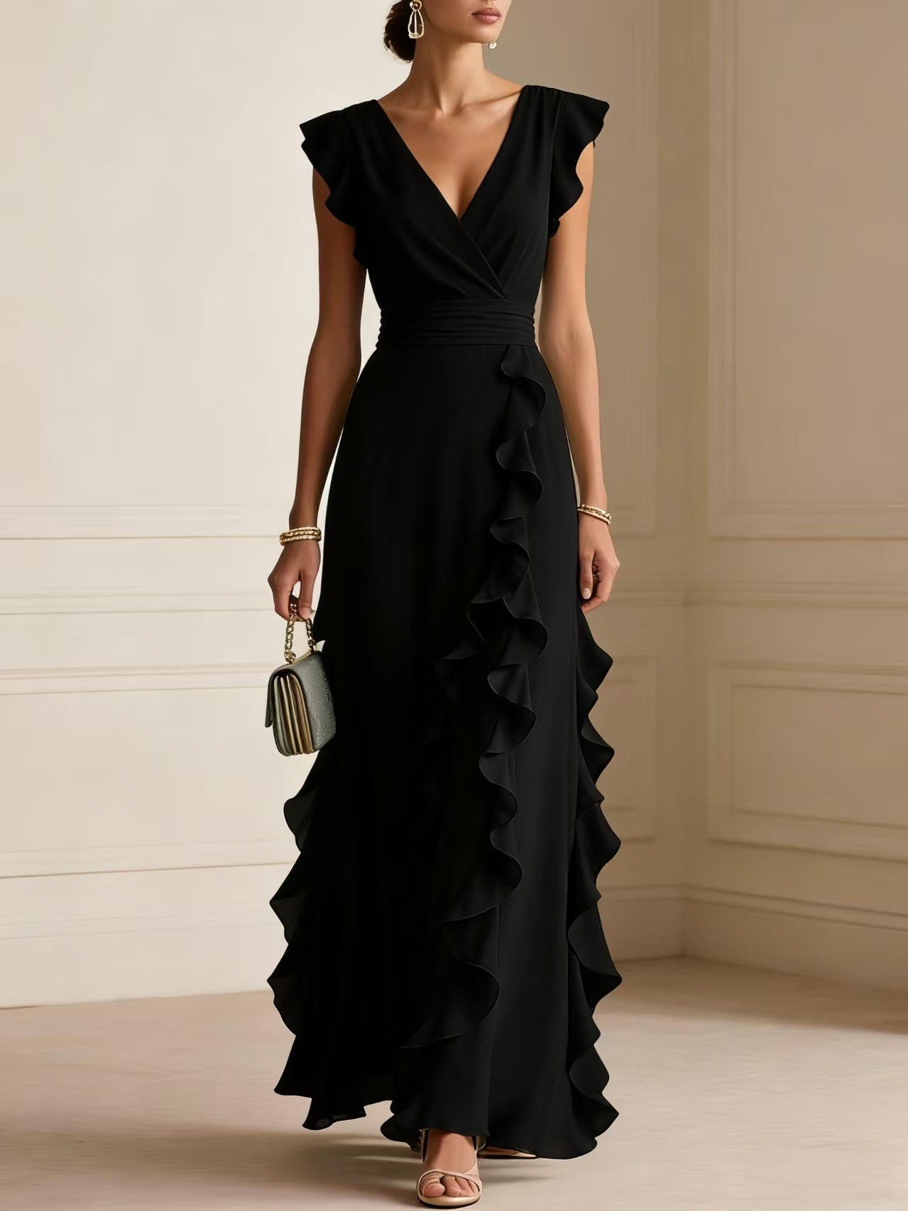 Rosie Griffiths | Sage Ruffle Maxi Dress with V-Neckline