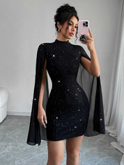 Phoebe Clarke | Glitter Cape Sleeve Mini Dress with Mock Neck