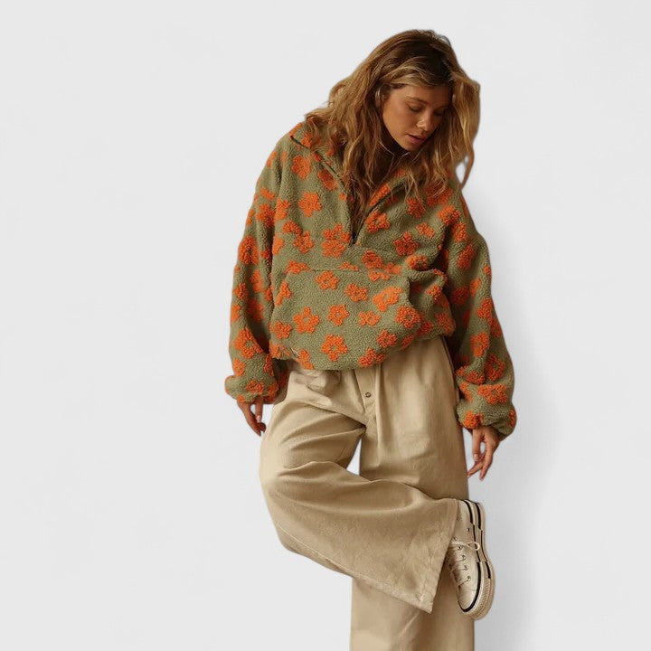Genevieve Whitlock | Floral Sherpa Fleece Sweater With Half-Zip