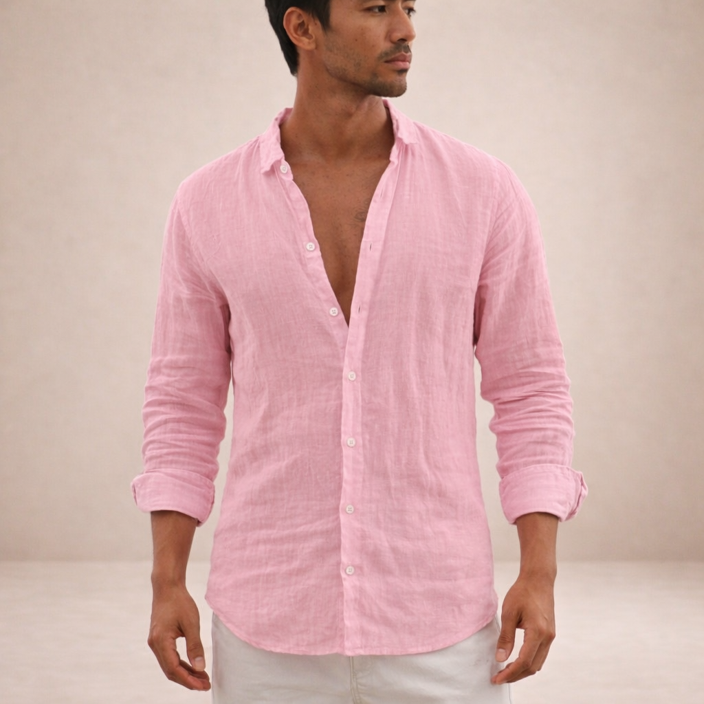 Matteo Villanueva | Men's Linen Button-Down Shirt in Blush Pink