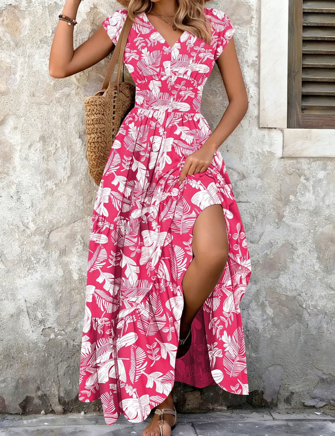 Cecily Wood | Tropical Leaf Print V-Neck Maxi Dress