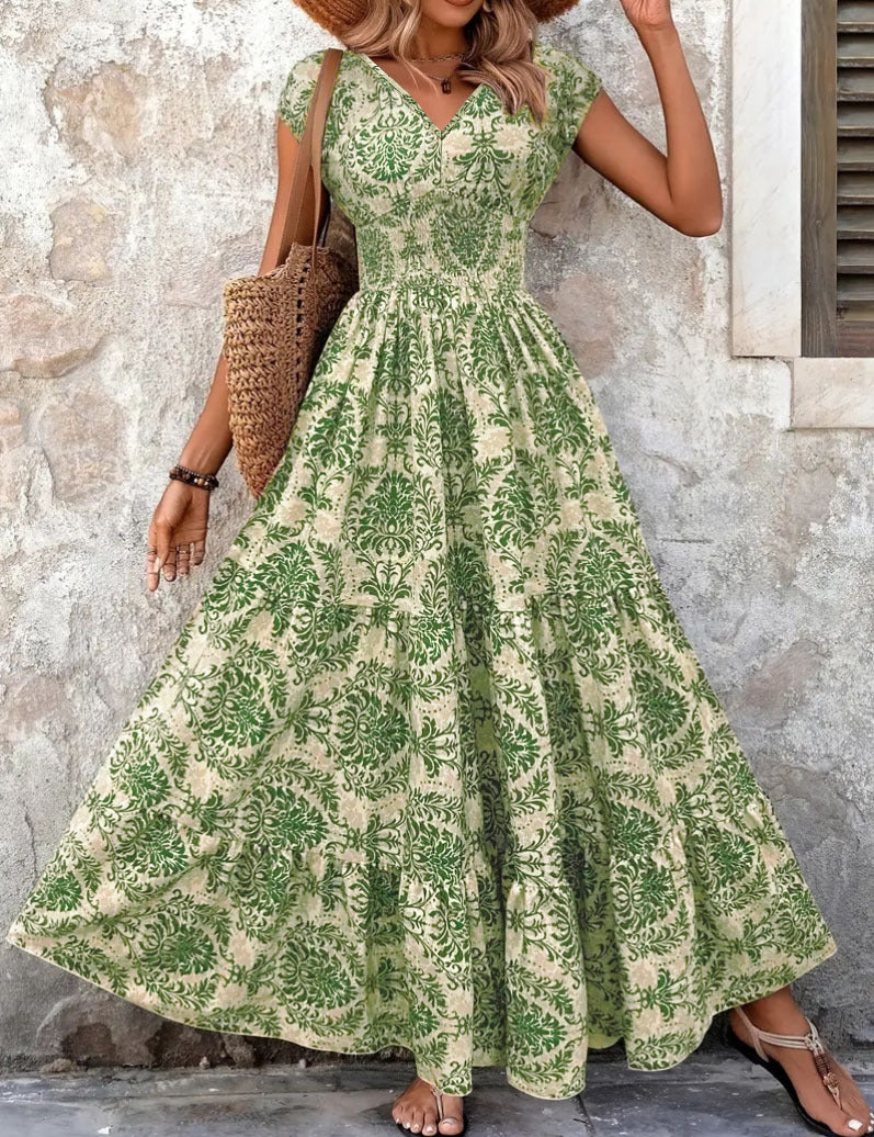 Cecily Wood | Tropical Leaf Print V-Neck Maxi Dress