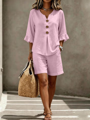 Freya Thornton | Linen Two-Piece Shorts Set with Ruffle Sleeve Detail