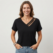 Felicity Morgan | V-Neck Cut-Out Stripe Detail Blouse