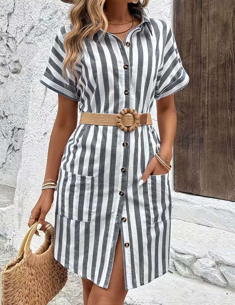 Camilla Ashford | Striped Button-Front Midi Shirt Dress