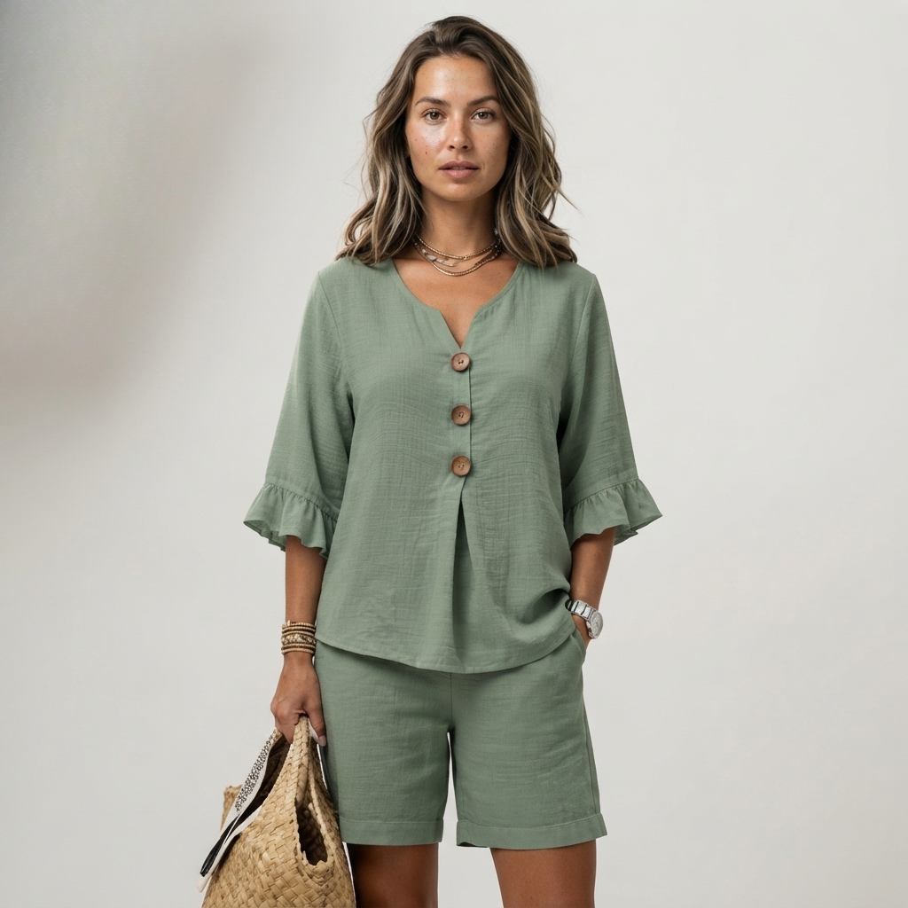 Freya Thornton | Linen Two-Piece Shorts Set with Ruffle Sleeve Detail