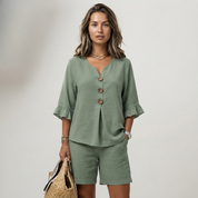 Freya Thornton | Linen Two-Piece Shorts Set with Ruffle Sleeve Detail