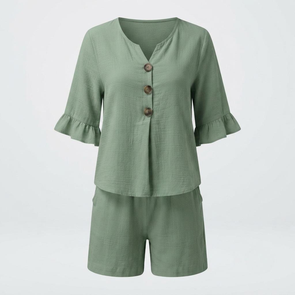 Freya Thornton | Linen Two-Piece Shorts Set with Ruffle Sleeve Detail