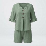 Freya Thornton | Linen Two-Piece Shorts Set with Ruffle Sleeve Detail