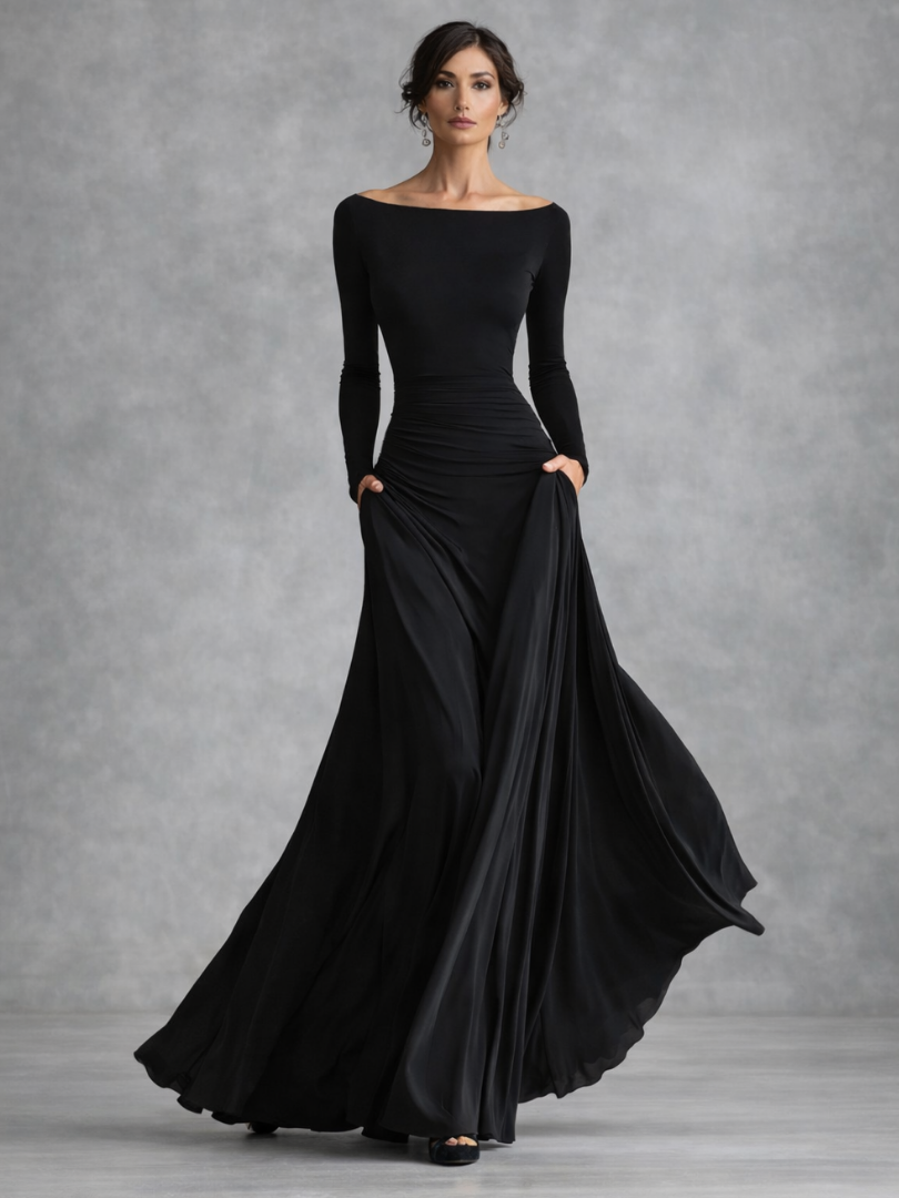 Beatrice Harlow | Draped Long Sleeve Maxi Dress in Black