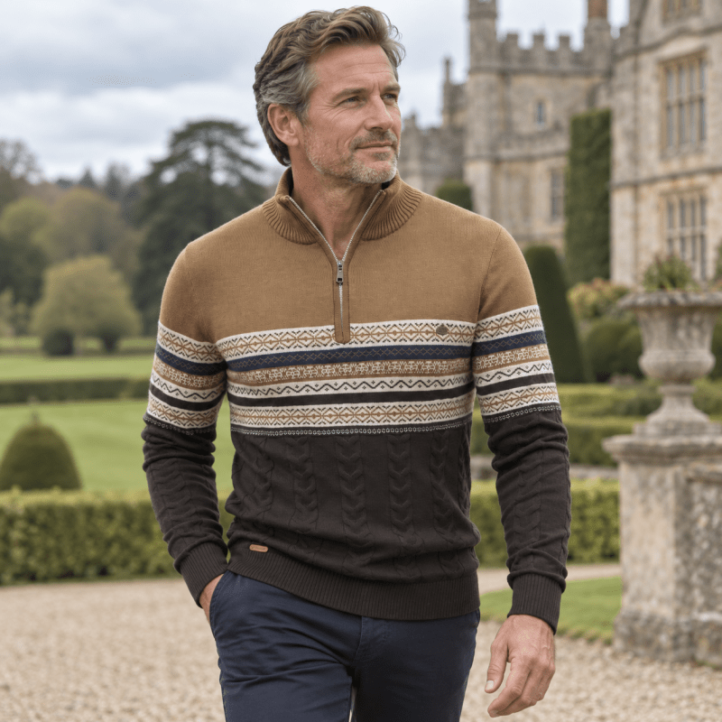 Birch Frost | Navy Fair Isle Half-Zip Christmas Jumper For Men