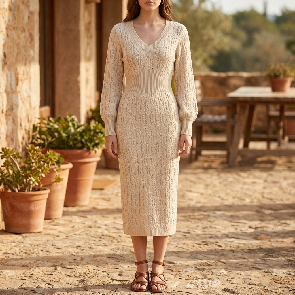 Anthea Sedgwick | Textured Knit Midi Dress With V-Neck