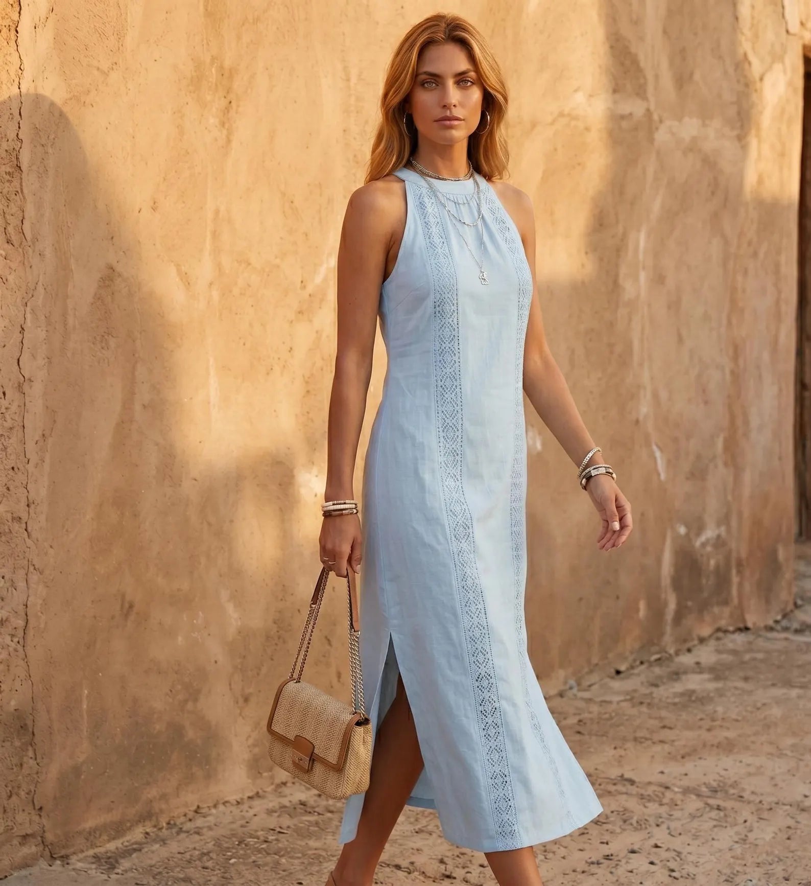 Séraphine Delacourt | Sleeveless Lace Detail Midi Dress with Side Split