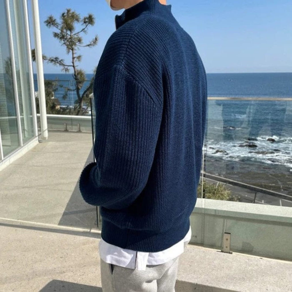 James Whitmore | Pull en maille côtelée à demi-zip pour homme, bleu marine