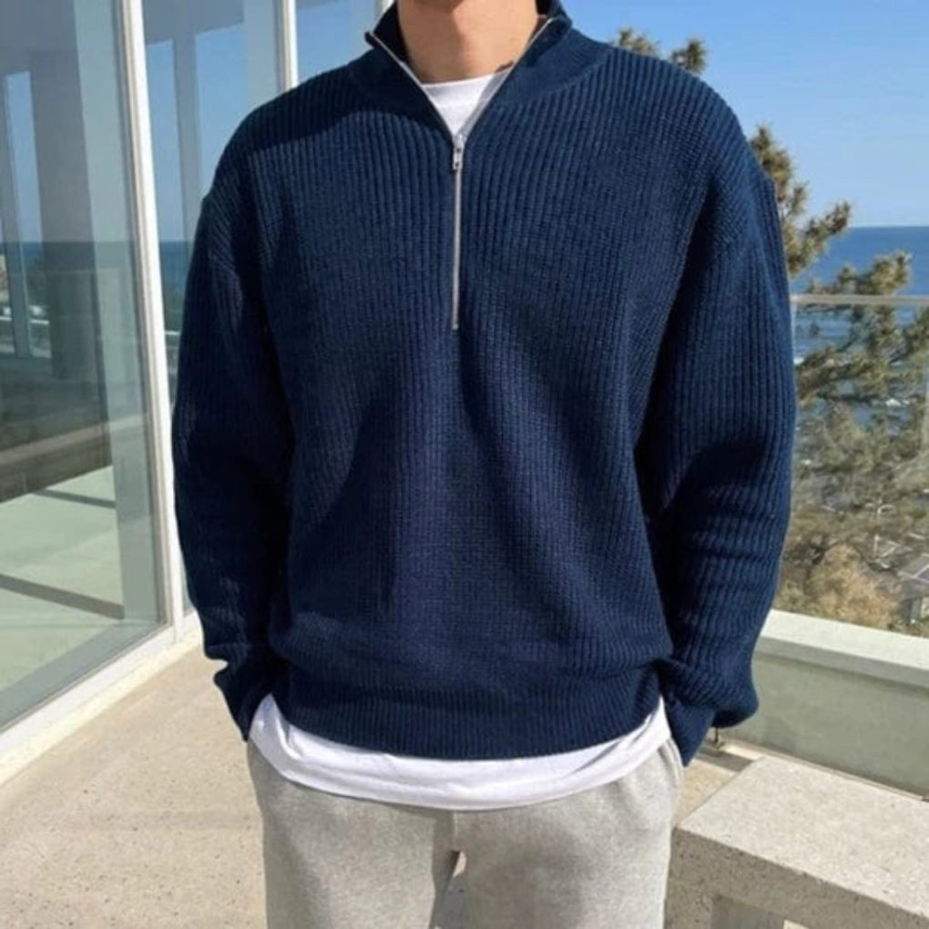 James Whitmore | Pull en maille côtelée à demi-zip pour homme, bleu marine