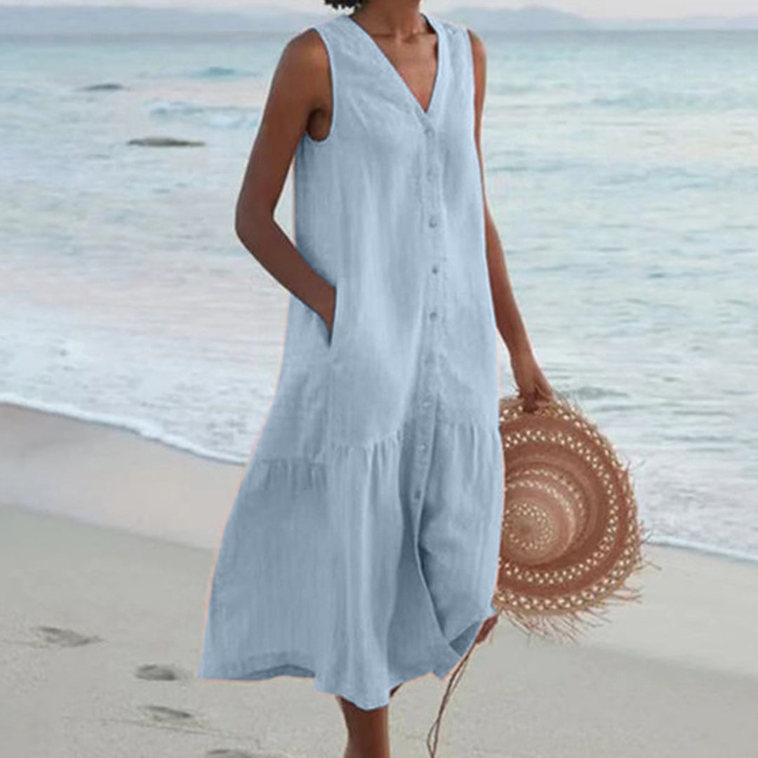 Harriet Stone | Linen Sleeveless Midi Shirt Dress with Button Front