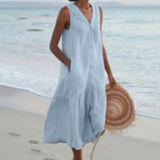 Harriet Stone | Linen Sleeveless Midi Shirt Dress with Button Front