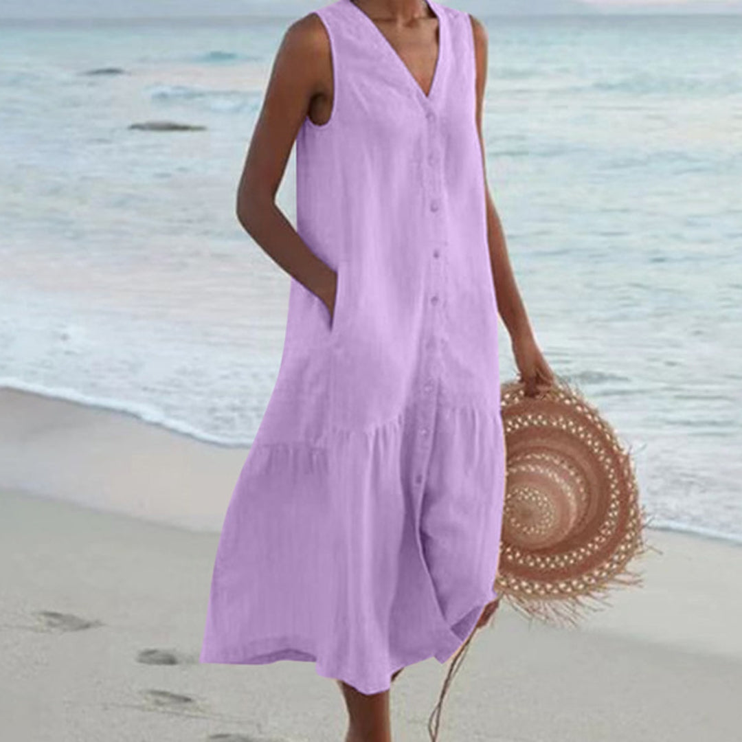 Harriet Stone | Linen Sleeveless Midi Shirt Dress with Button Front