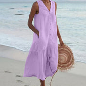 Harriet Stone | Linen Sleeveless Midi Shirt Dress with Button Front