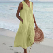 Harriet Stone | Linen Sleeveless Midi Shirt Dress with Button Front