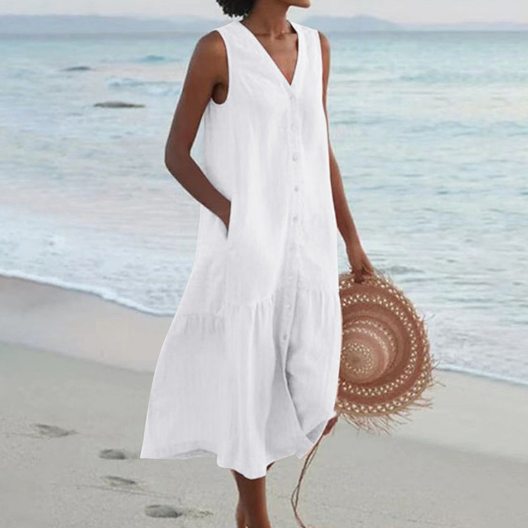 Harriet Stone | Linen Sleeveless Midi Shirt Dress with Button Front