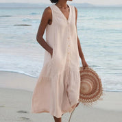 Harriet Stone | Linen Sleeveless Midi Shirt Dress with Button Front