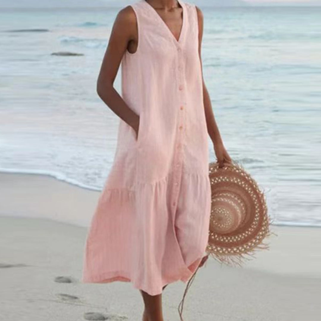 Harriet Stone | Linen Sleeveless Midi Shirt Dress with Button Front