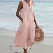 Harriet Stone | Linen Sleeveless Midi Shirt Dress with Button Front