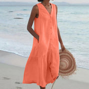 Harriet Stone | Linen Sleeveless Midi Shirt Dress with Button Front