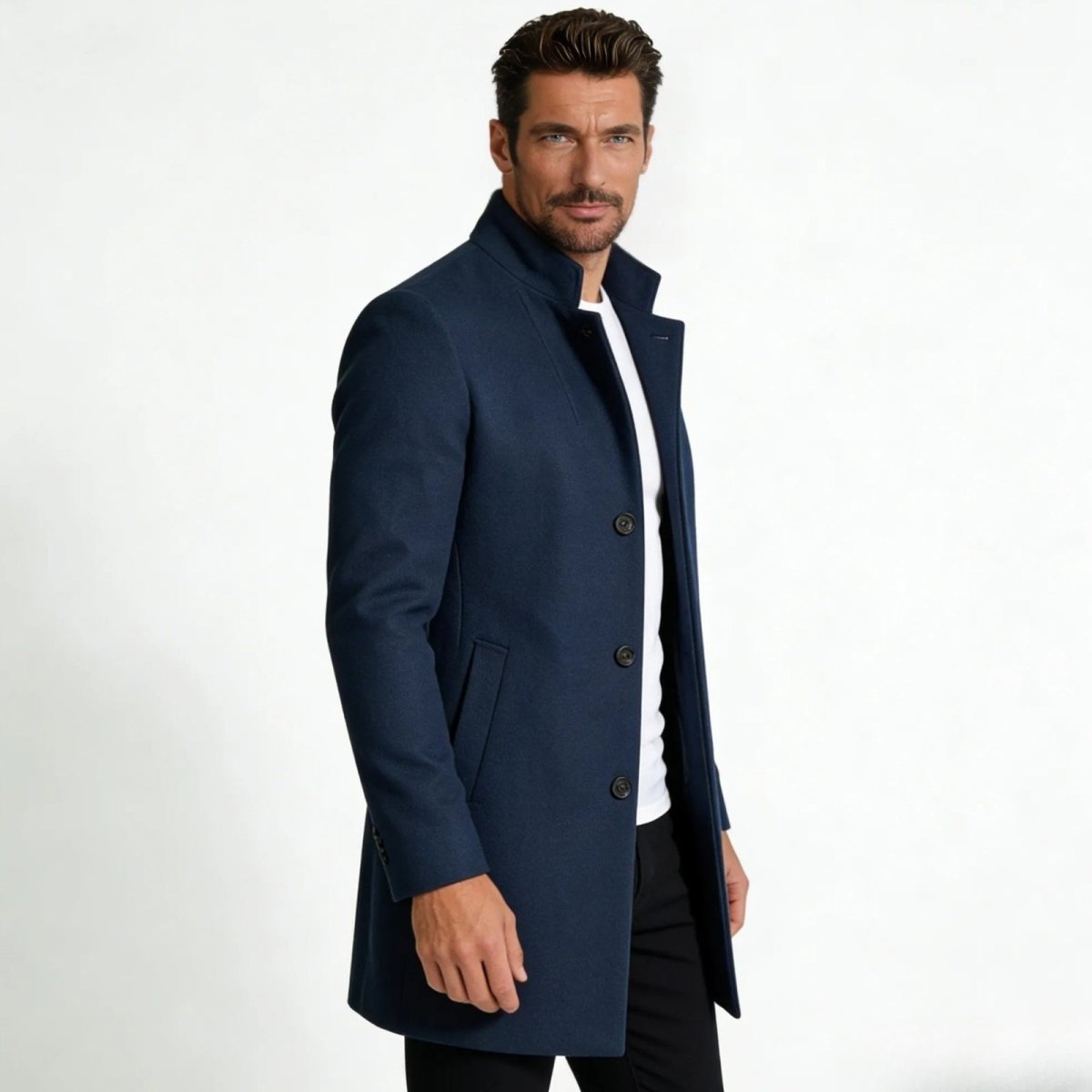Edward Moretti | Stand Collar Wool Overcoat with Signature Elegance