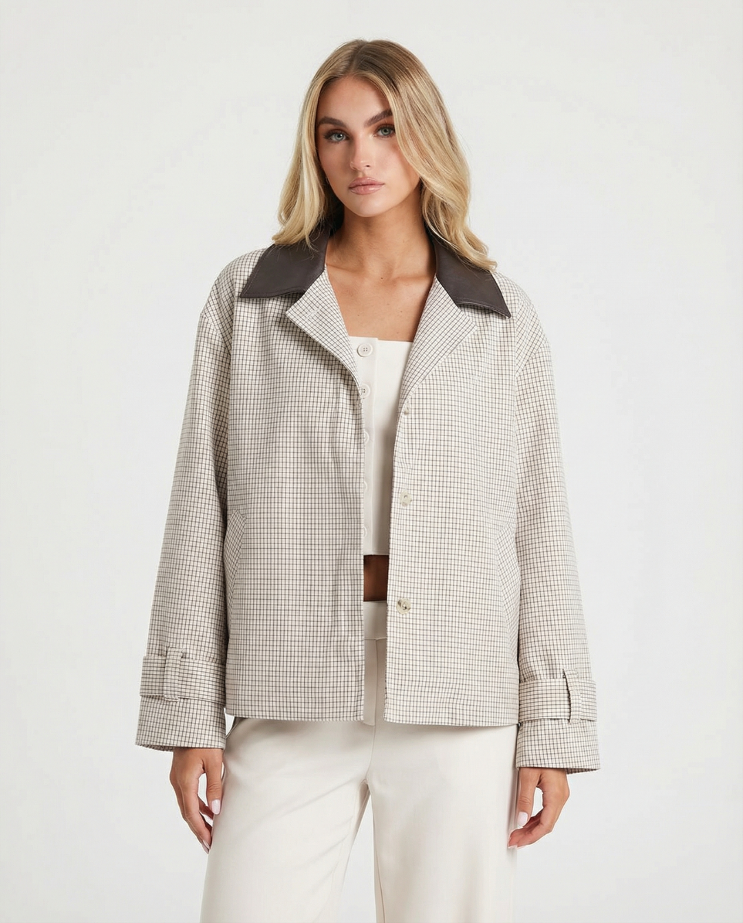 Élodie Henson | Elegant Check Contrast Collar Jacket For Women