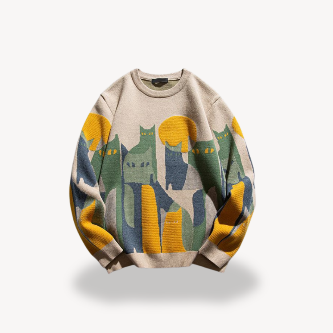 Dexter Holloway | Knitted Cat Print Sweater For Men