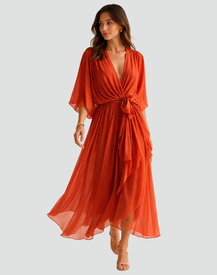 Arabella Sinclair | Rust Chiffon Wrap Maxi Dress with Tie Waist