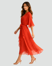 Arabella Sinclair | Rust Chiffon Wrap Maxi Dress with Tie Waist