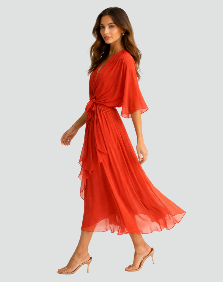 Arabella Sinclair | Rust Chiffon Wrap Maxi Dress with Tie Waist
