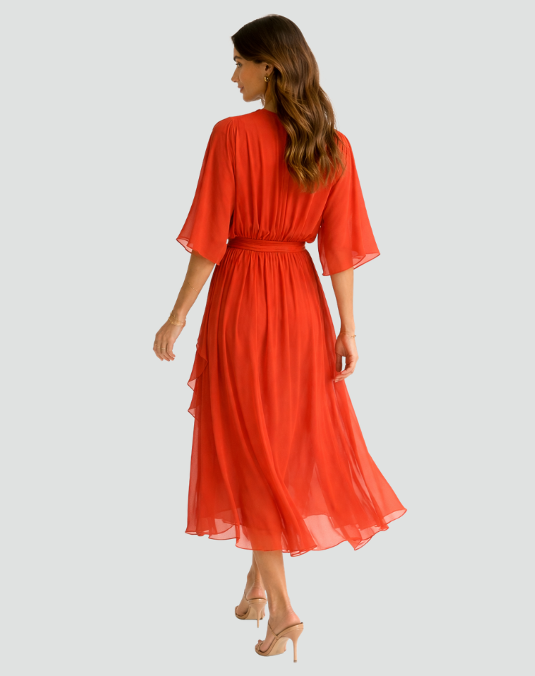 Arabella Sinclair | Rust Chiffon Wrap Maxi Dress with Tie Waist