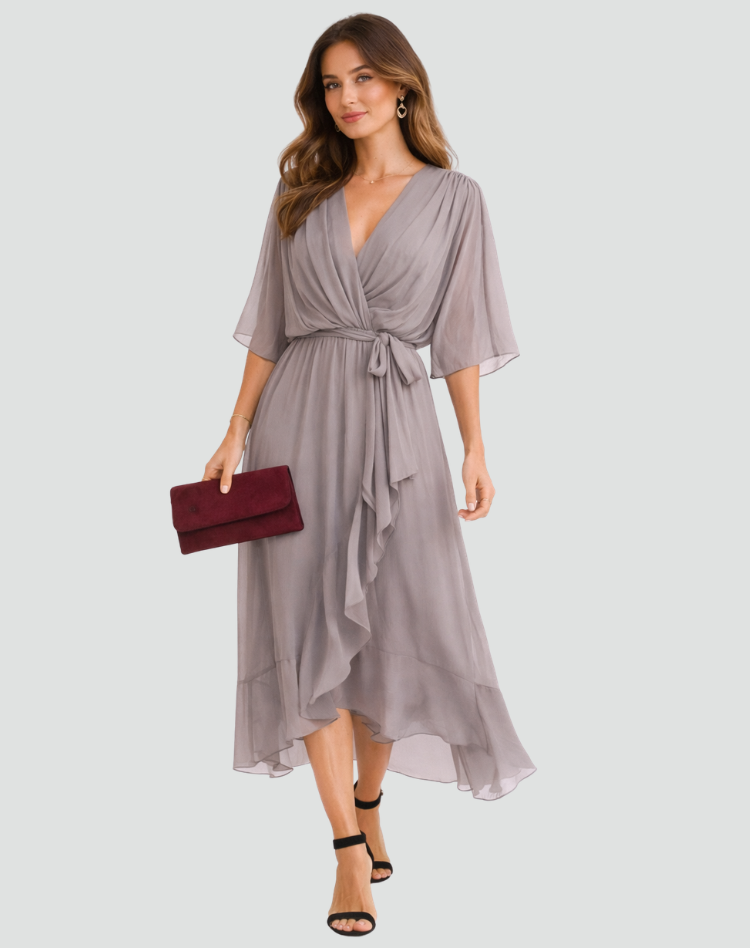 Arabella Sinclair | Rust Chiffon Wrap Maxi Dress with Tie Waist