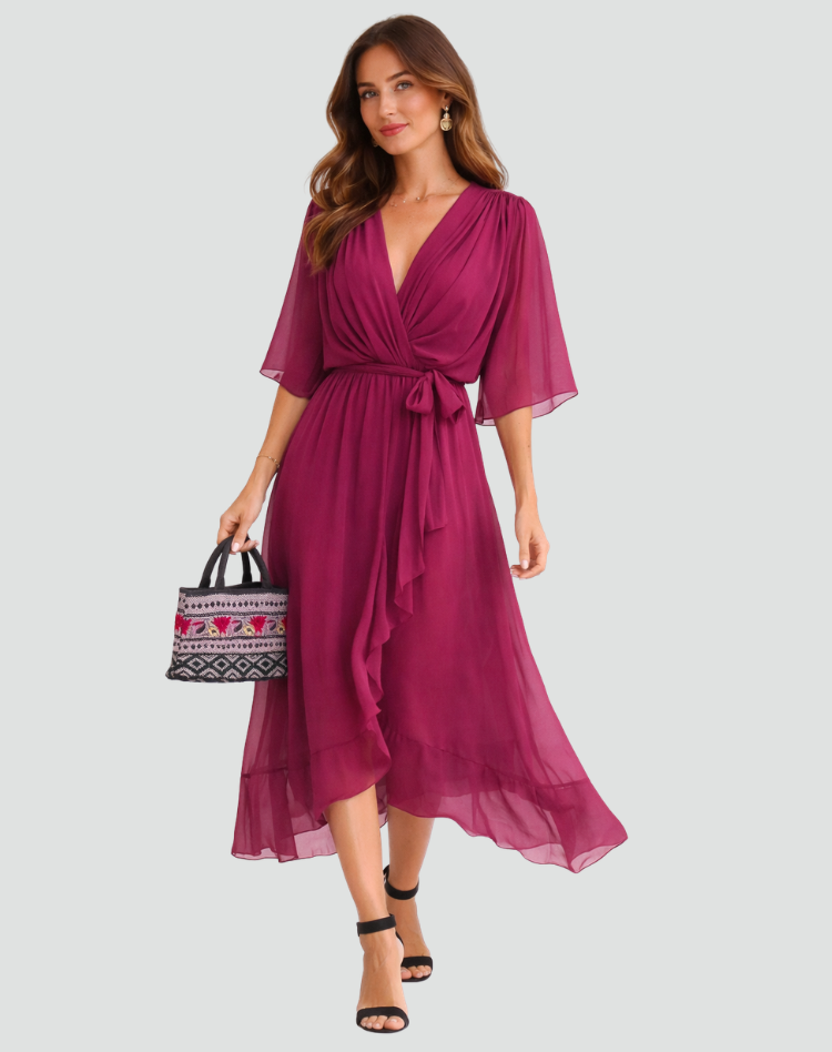 Arabella Sinclair | Rust Chiffon Wrap Maxi Dress with Tie Waist