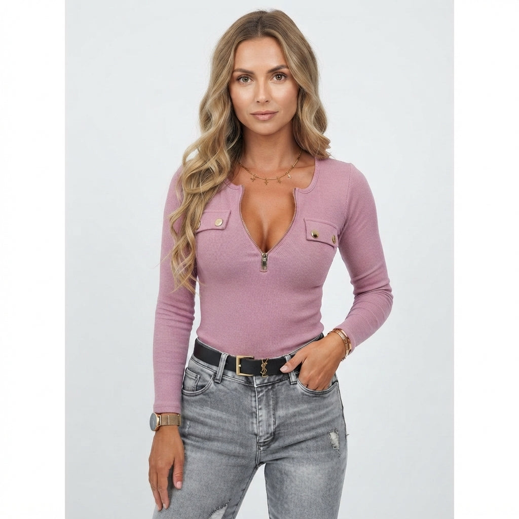 Millicent Scott | Ribbed Zip-Neck Knit Top