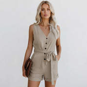 Millie Turner | V-Neck Button-Front Playsuit with Tie Waist