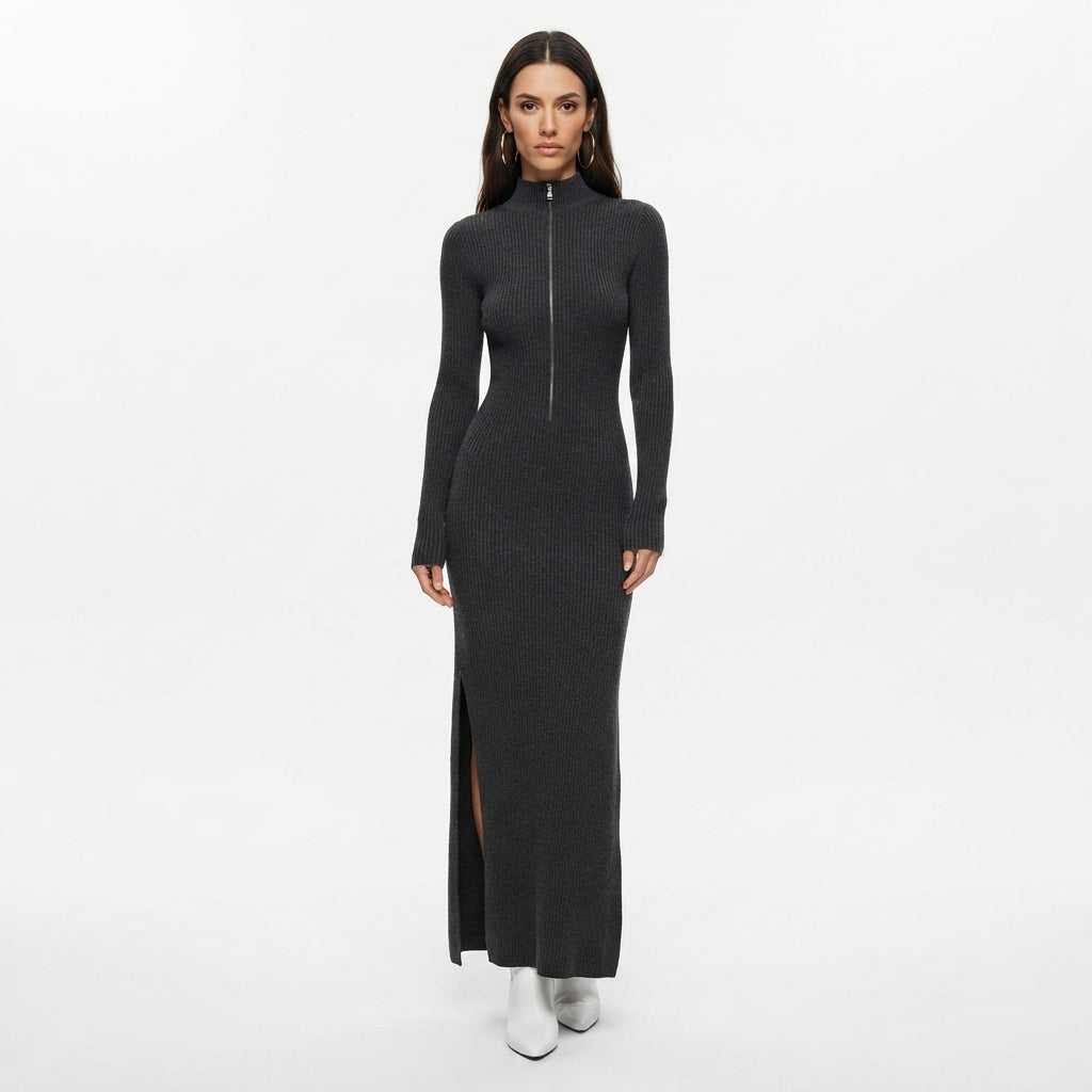 Miranda Fletcher | Robe midi en maille côtelée zippée sur le devant