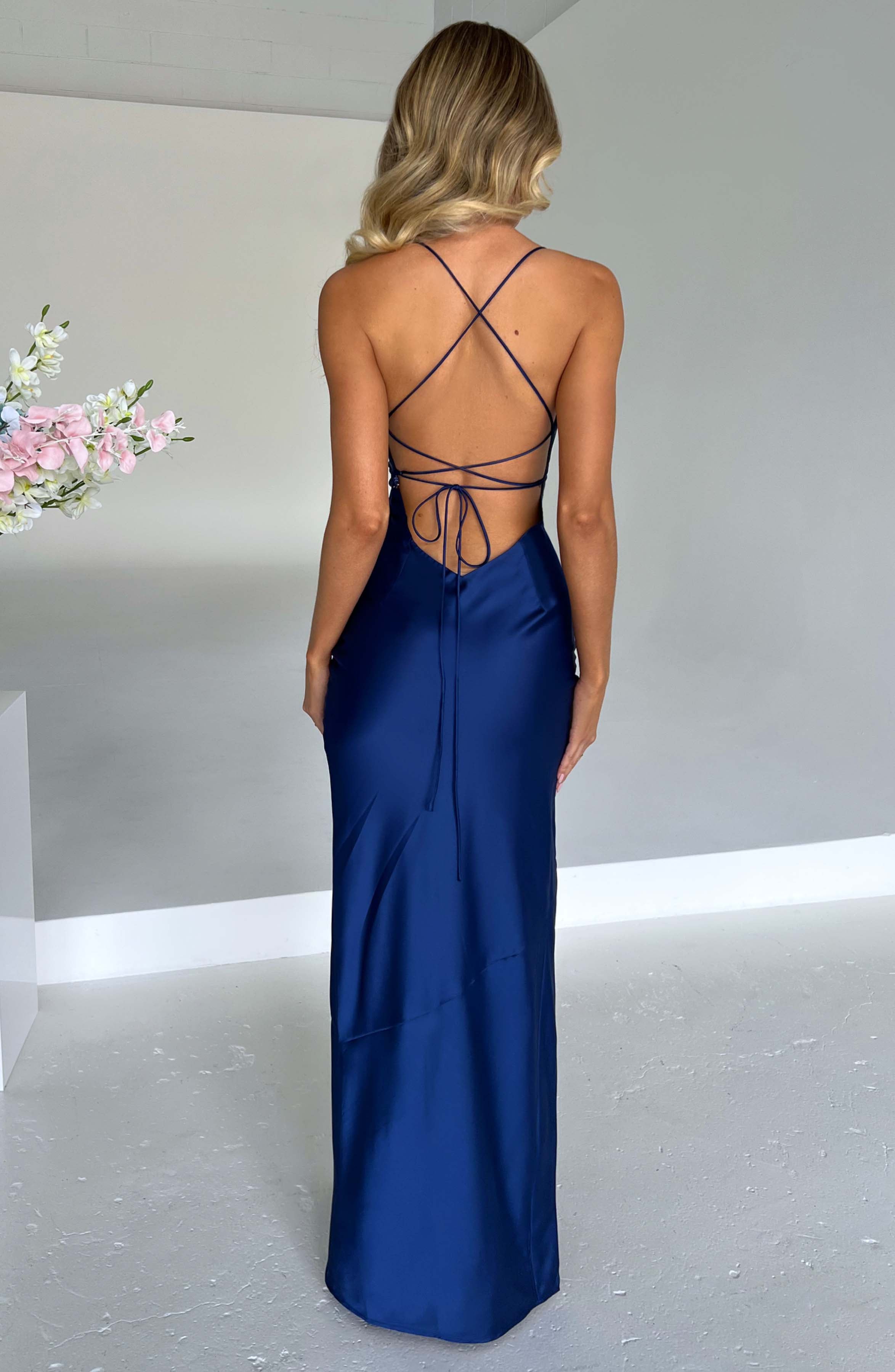 Arabella Montclair | Navy Satin Maxi Cocktail Dress