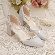 Edith Whitmore | Elegant Silver Glitter Block Heel Sandals with Ankle Strap