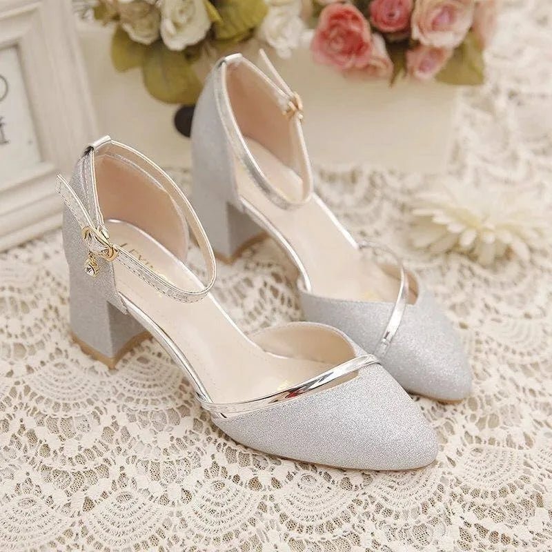 Edith Whitmore | Elegant Silver Glitter Block Heel Sandals with Ankle Strap
