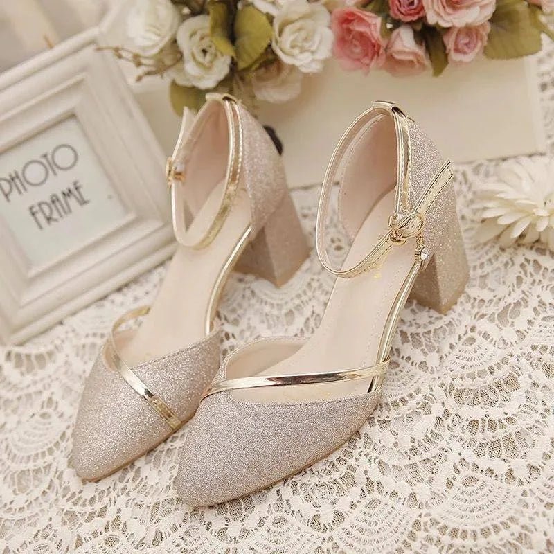 Edith Whitmore | Elegant Silver Glitter Block Heel Sandals with Ankle Strap