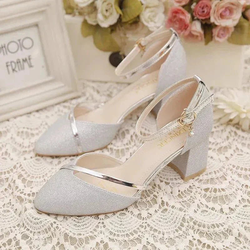Edith Whitmore | Elegant Silver Glitter Block Heel Sandals with Ankle Strap