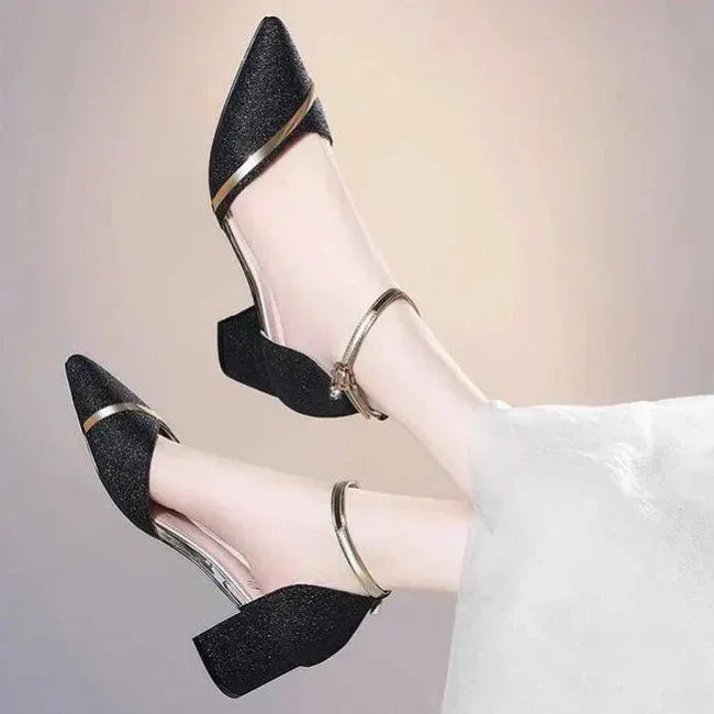 Edith Whitmore | Elegant Silver Glitter Block Heel Sandals with Ankle Strap