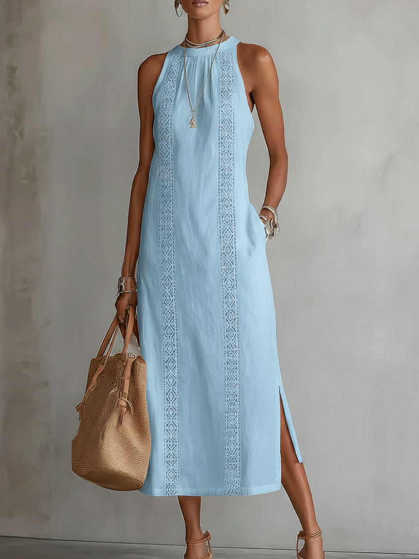 Séraphine Delacourt | Sleeveless Lace Detail Midi Dress with Side Split